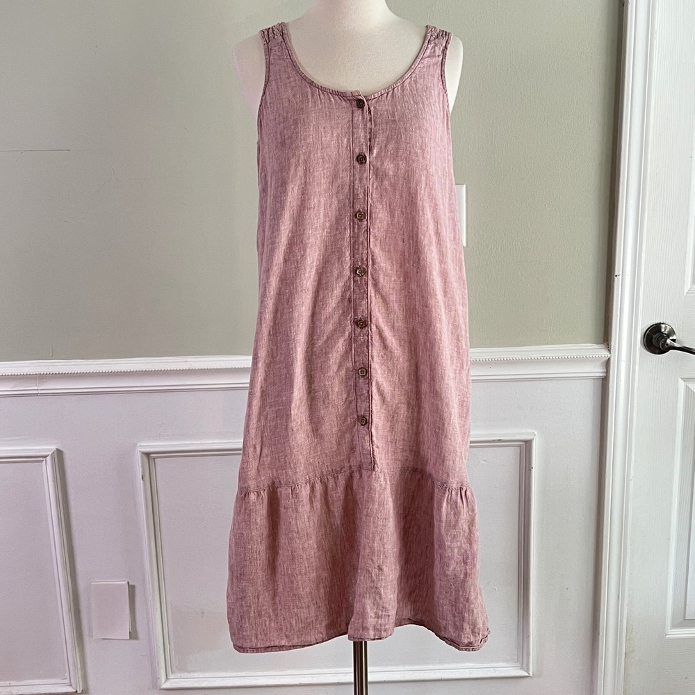 Minimalist Sun Dress S Women Linen Button Front Tiered Pink Nicole Miller